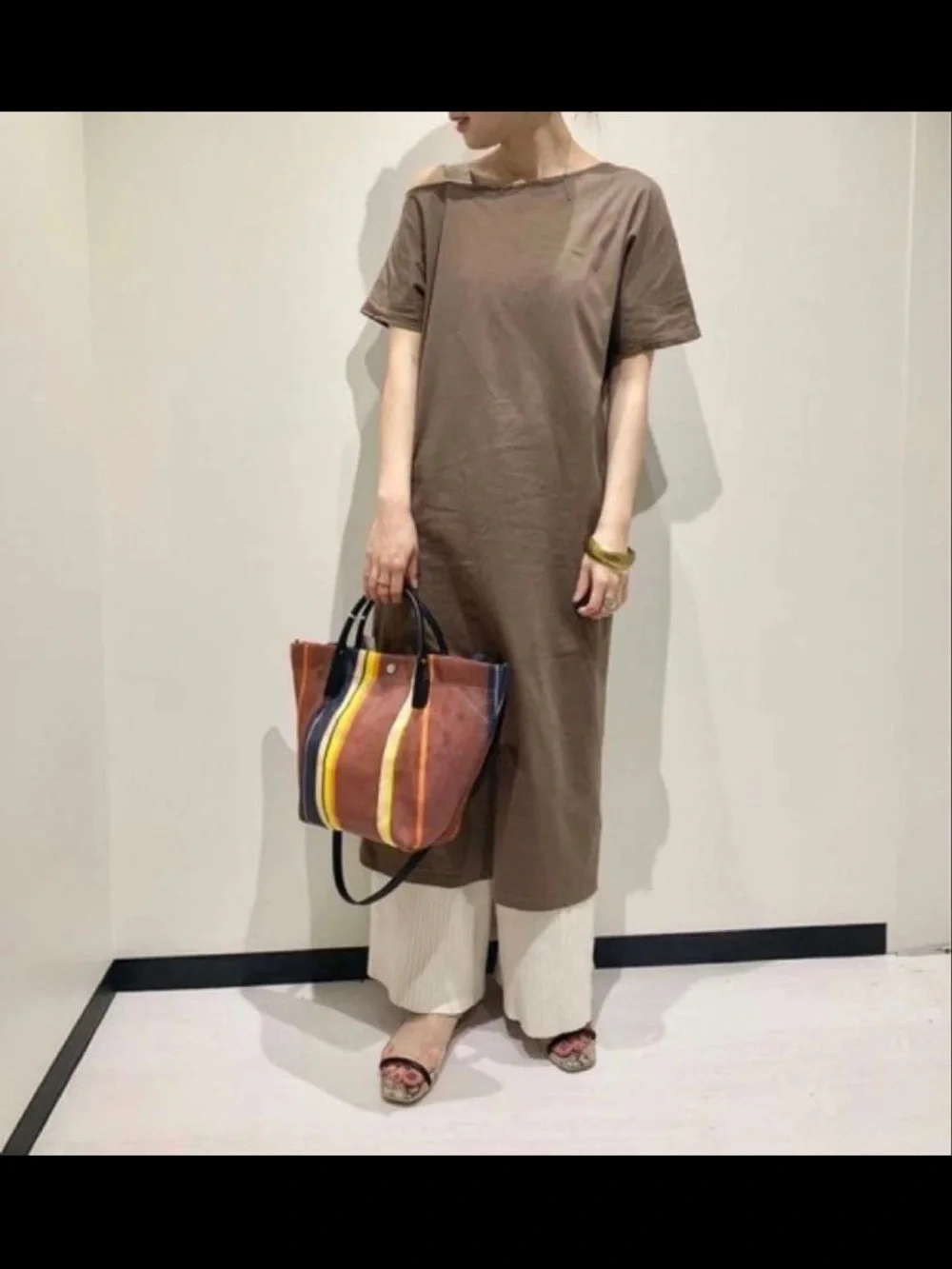 Mulberry Striped Canvas Tote in Brown with Black Handles